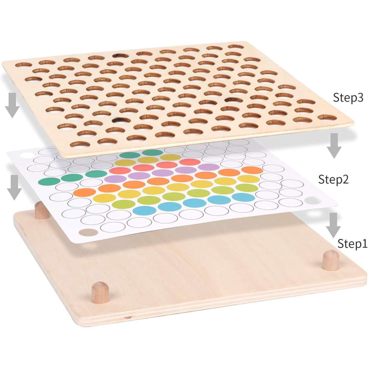 Montessori Peg Board showing stackable layers for color and shape sorting