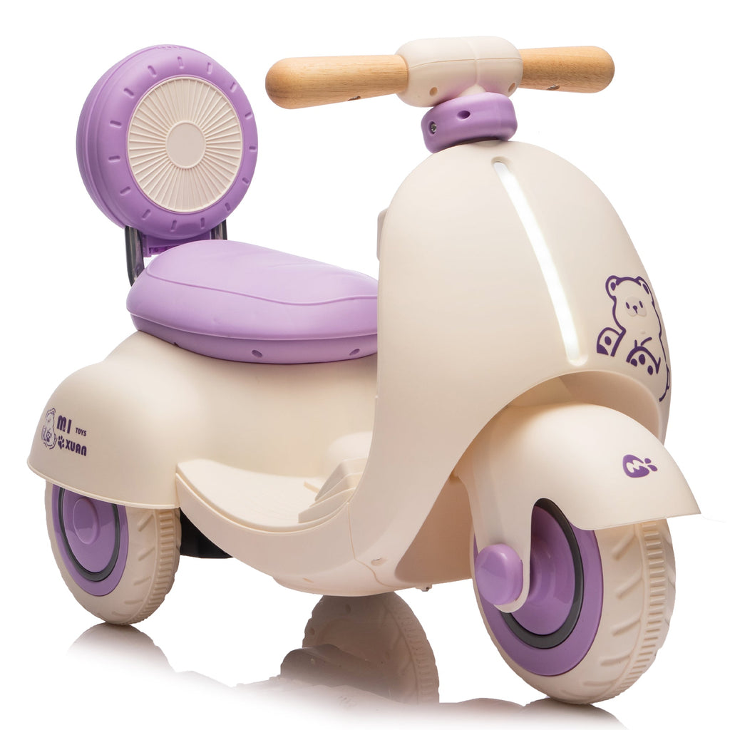 12V toddler ride-on motorcycle showing wooden handle and wide anti-slip wheels