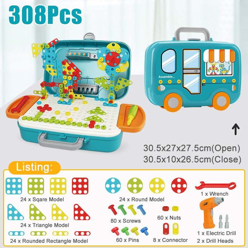 308 piece kids electric drill toy set open in bus-shaped case with full piece listing and electric drill highlighted