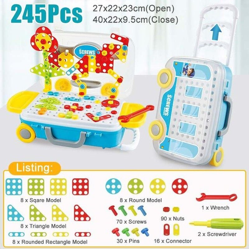 132 piece kids electric drill toy set open in trolley case with piece listing and dimensions shown