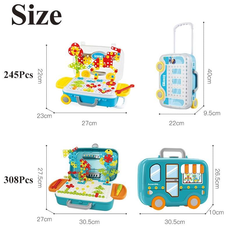 Size comparison chart showing 245 Pcs trolley case and 308 Pcs bus case with open and closed dimensions