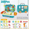 308 piece kids electric drill toy set open in bus-shaped case showing all colorful shape pieces and electric drill