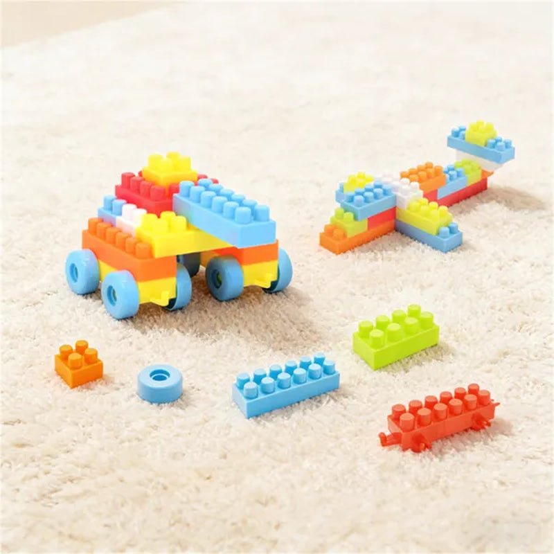 150 building blocks in 5 shapes and 6 colors with wheel packs