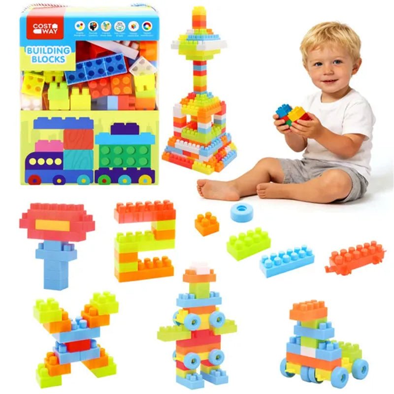 Child playing and building with 150-piece colorful toddler blocks set