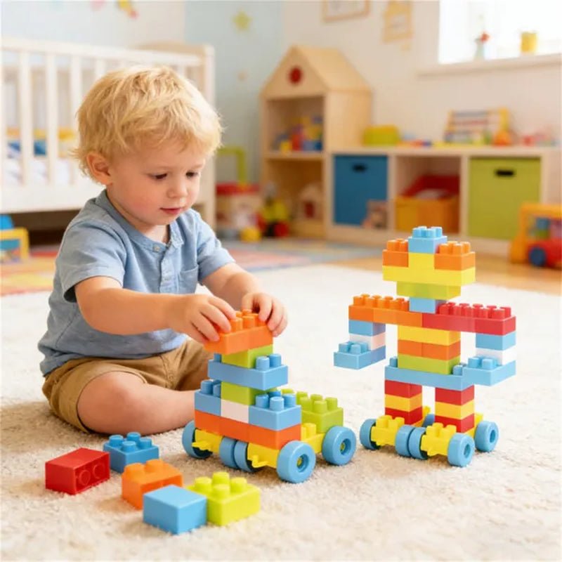 Child playing and stacking with 150-piece building blocks set
