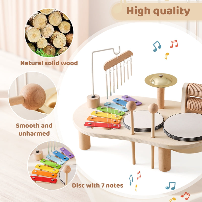 Close-up of wooden rod bells on Montessori xylophone bandstand toy