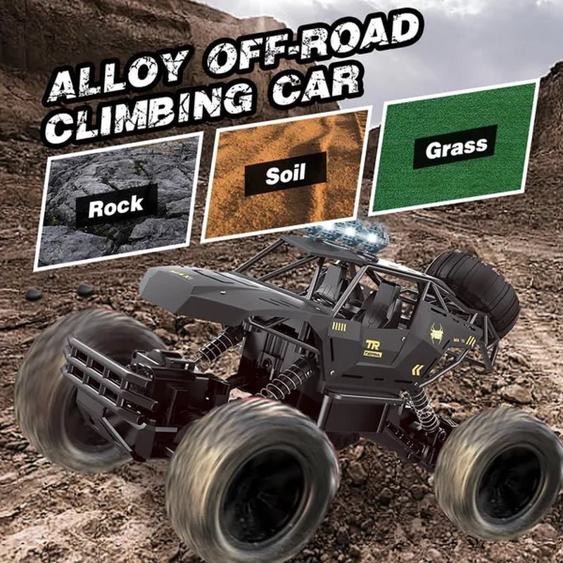 1:12 scale 4WD RC monster truck spec graphic showing RTR, 2.4GHz, shock absorbers and waterproof features