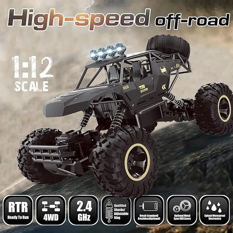 Black 1:12 scale 4WD RC monster truck on rocks with high-speed off-road spec callouts