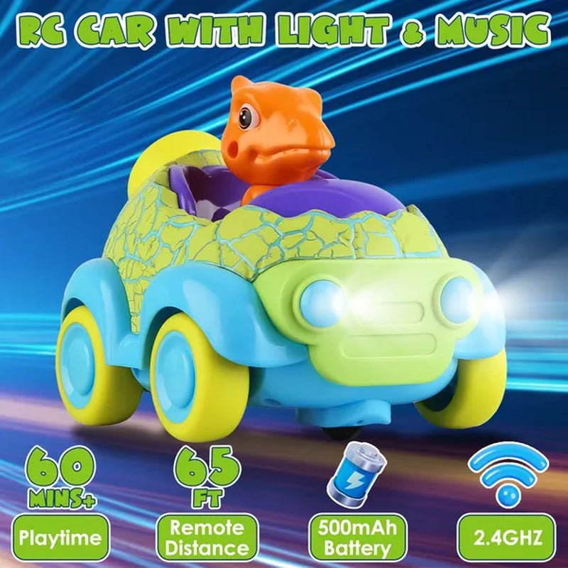 Dinosaur RC car showing front headlights rear lights and music feature