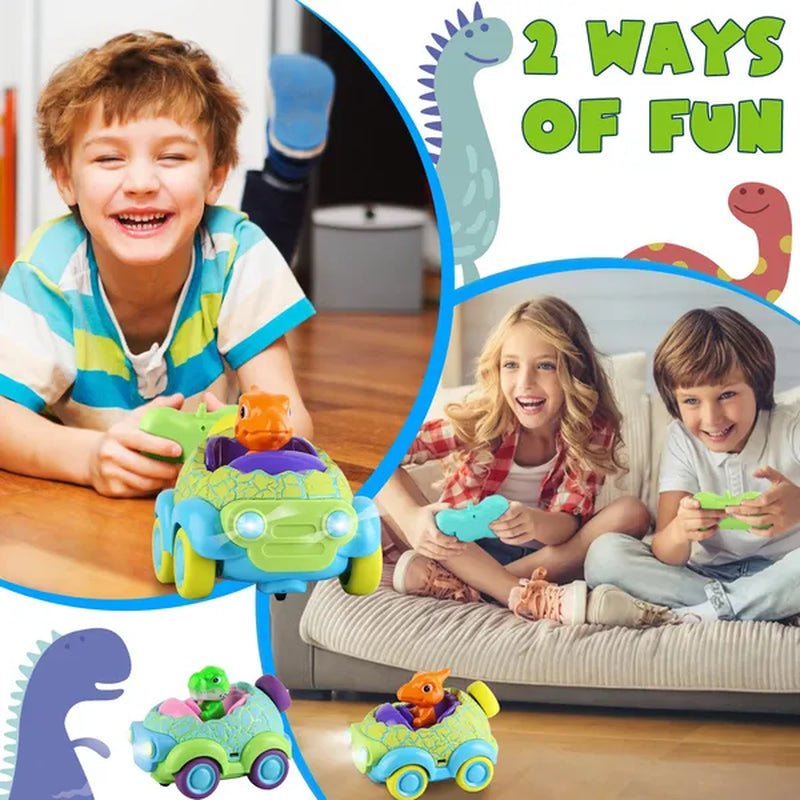 Children playing with dinosaur remote control cars with lights and music