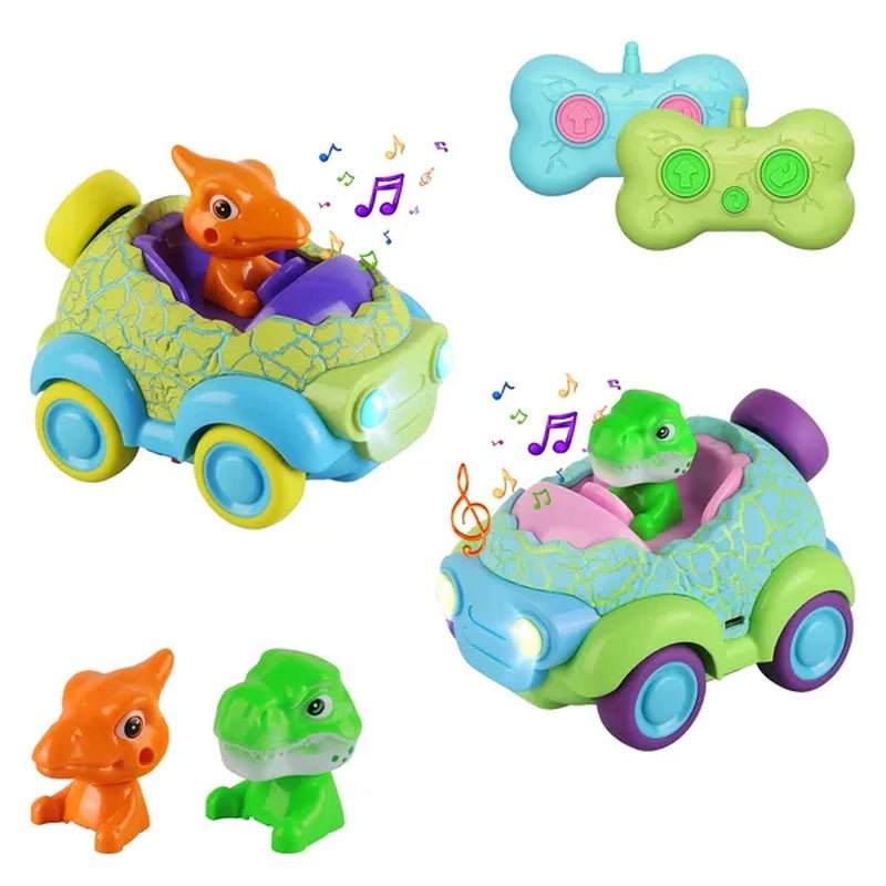 2-pack dinosaur RC cars for toddlers showing both cars dinosaurs and remotes