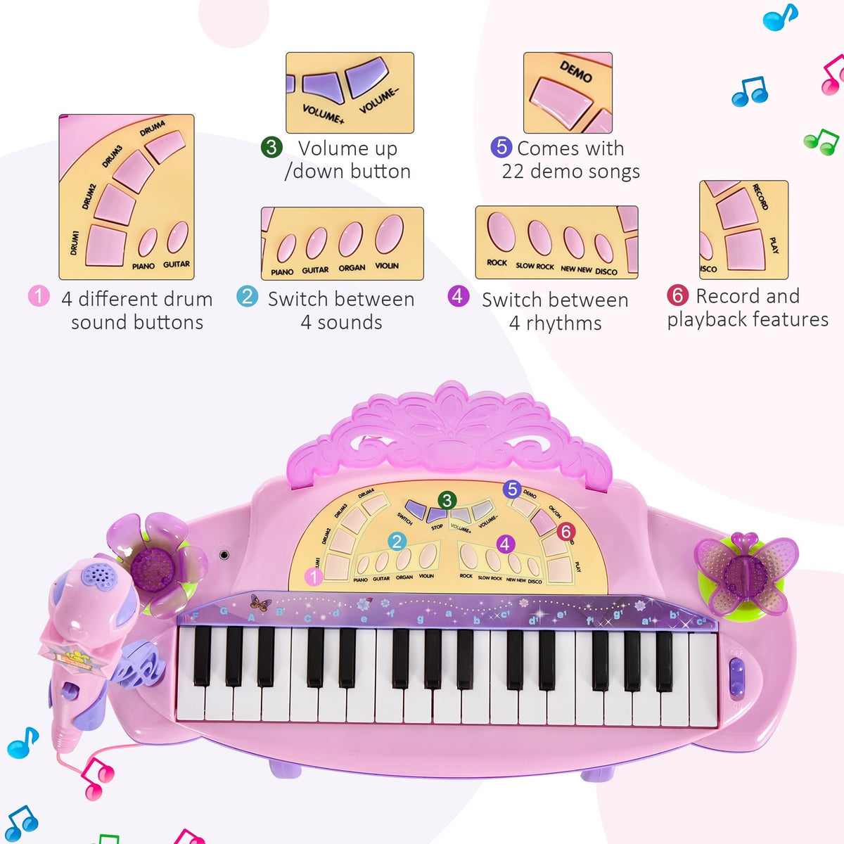 Kids electronic keyboard piano controls and buttons detail