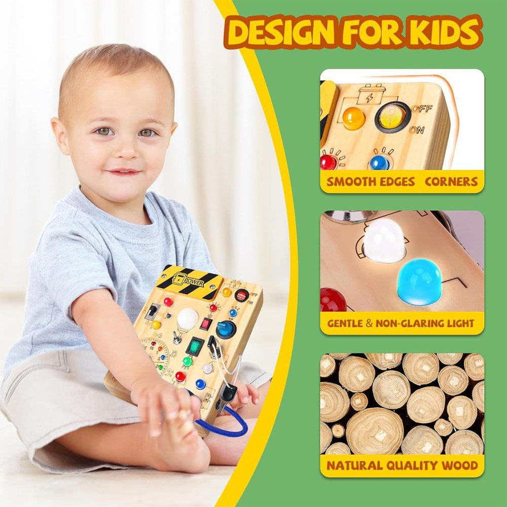 Toddler playing with Montessori Wooden LED Busy Board sensory toy