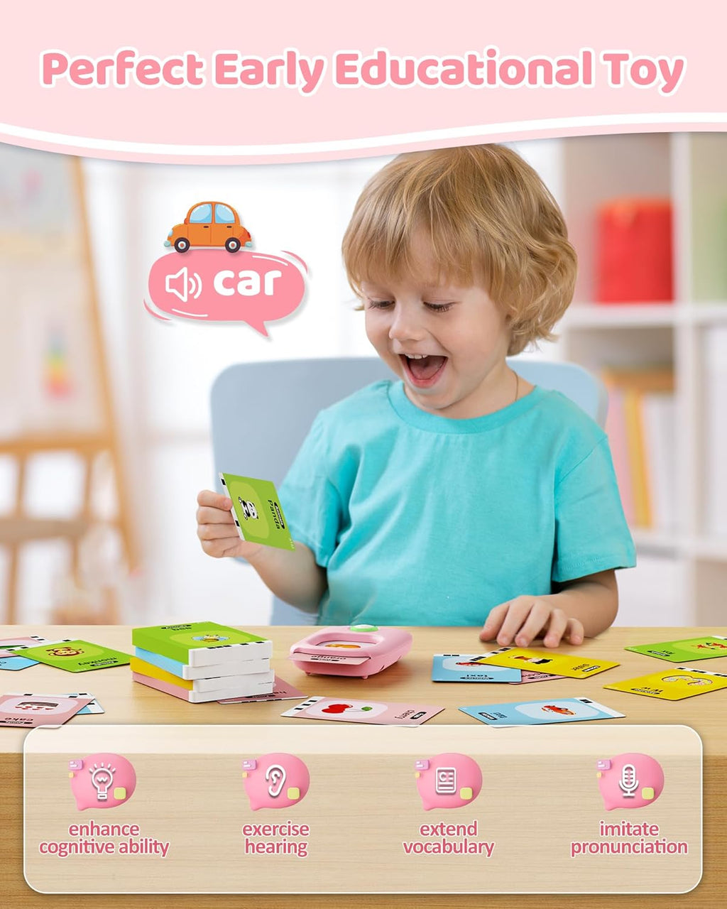 Child using talking flash card reader with light-up buttons