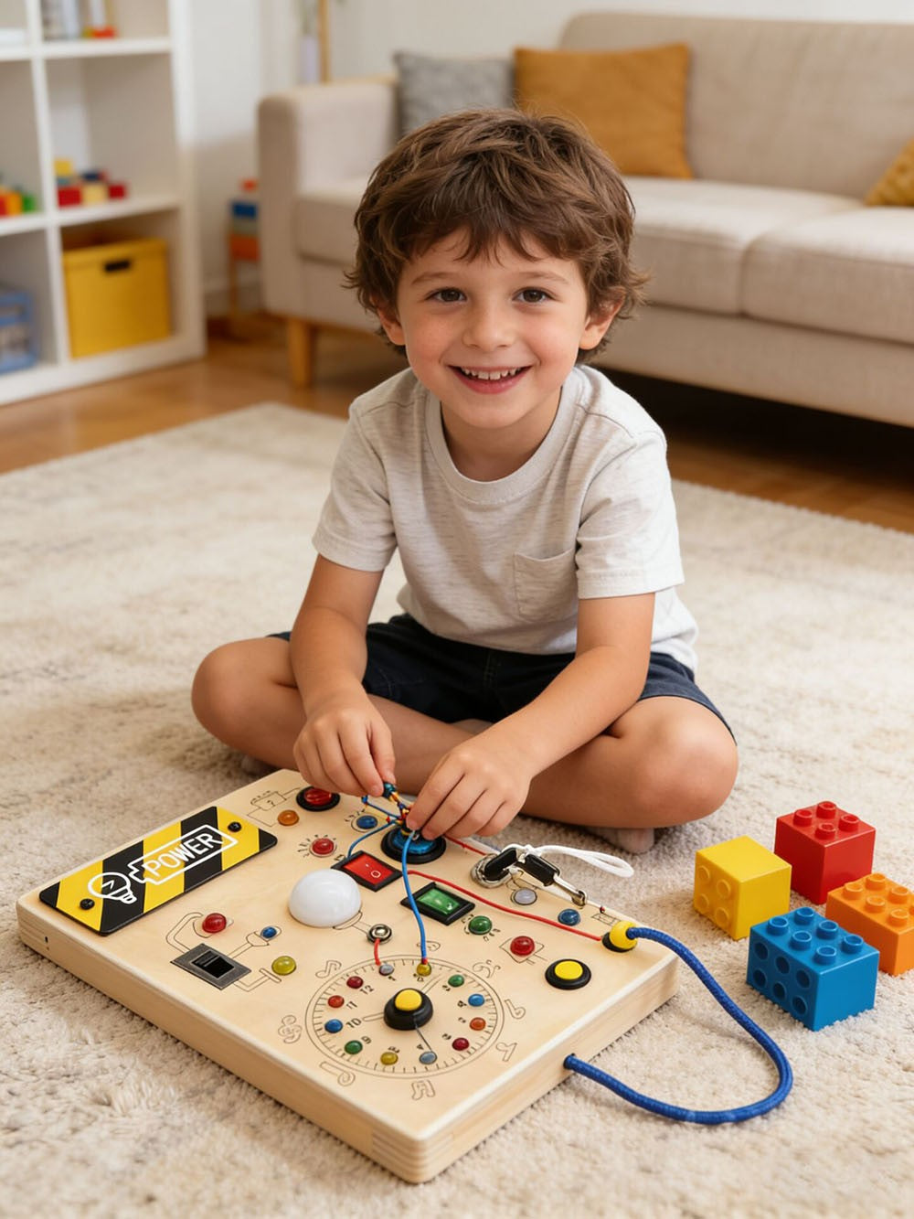 Boy playing with Montessori Wooden LED Busy Board light-up switches