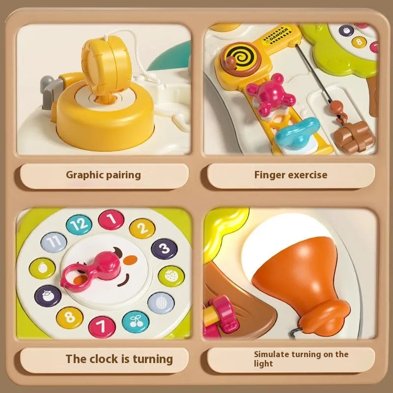 Baby exploring Montessori Busy Board locks and latches