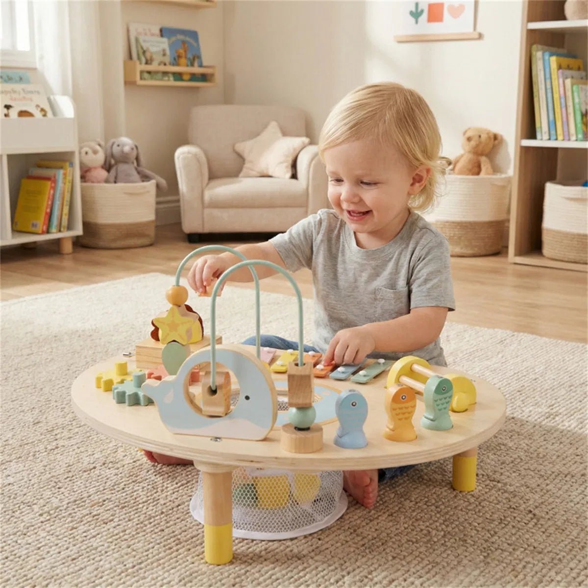 Baby playing with 7-in-1 wooden sensory play table bead maze