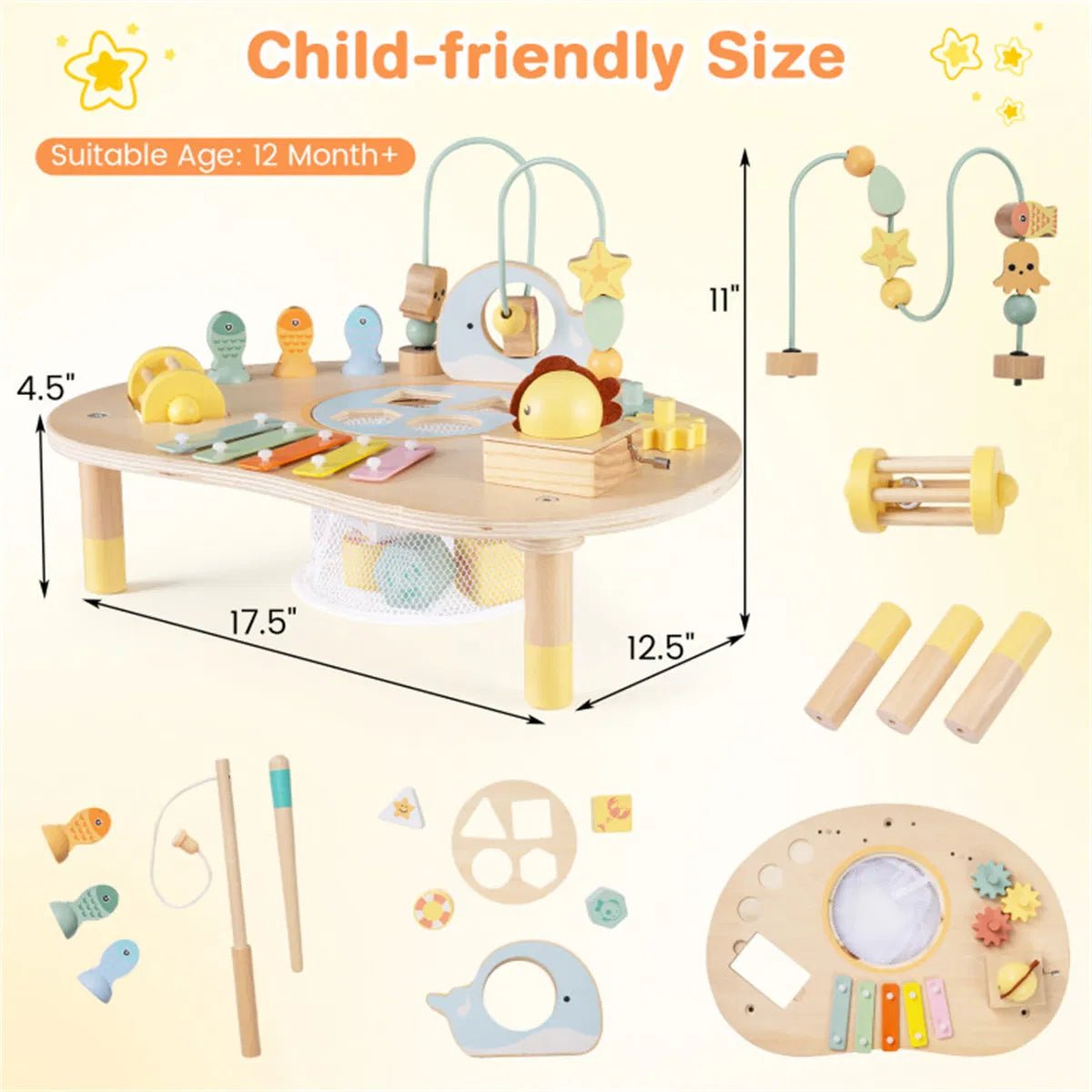 7-in-1 Wooden Baby Activity Table size measurements and dimensions