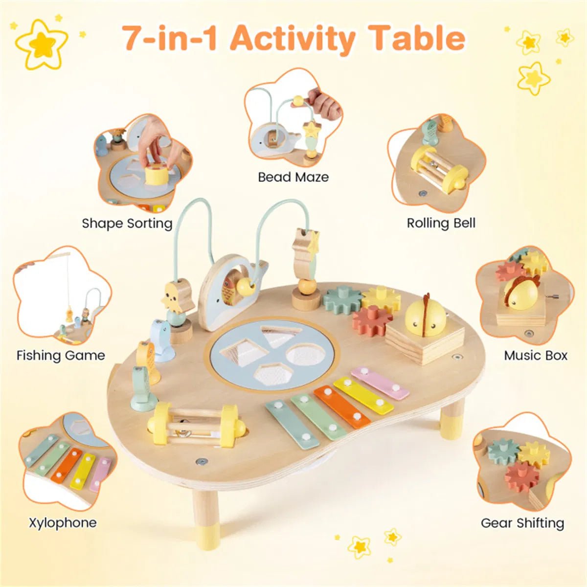 Wooden activity table shape sorting and gear shifting activities close-up