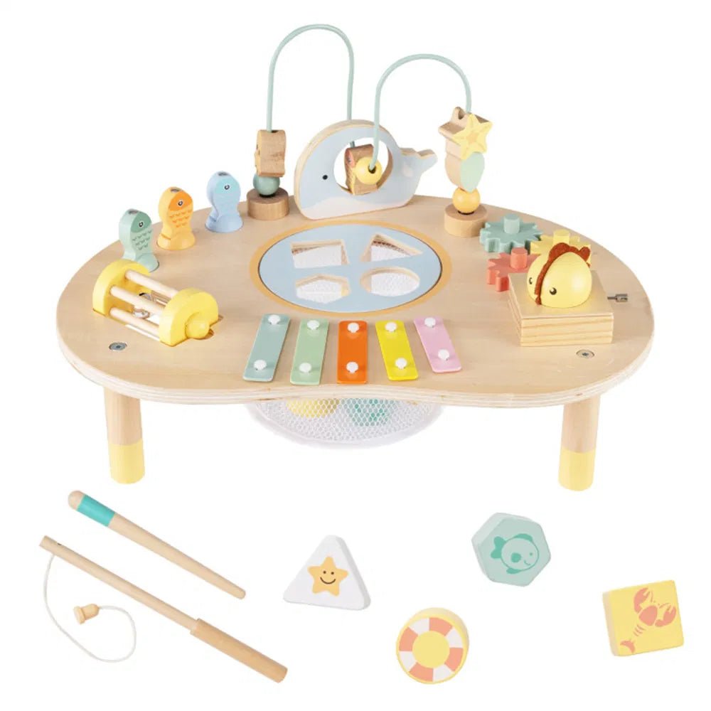 7-in-1 Wooden Baby Activity Table full view with all sensory activities
