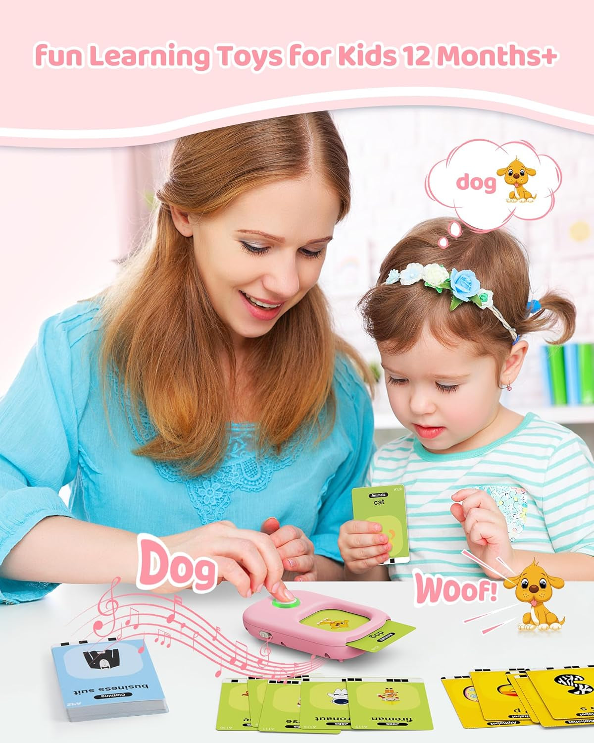 Mother and child learning together with Talking Flash Cards sight word toy