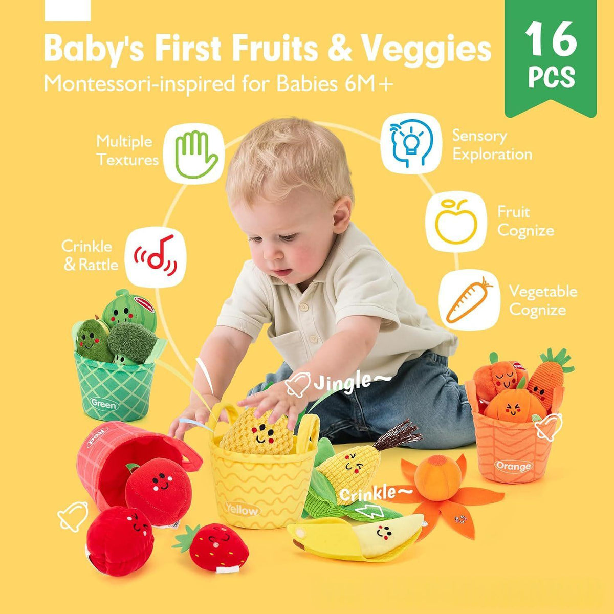 Baby playing with soft cloth sensory fruit toys