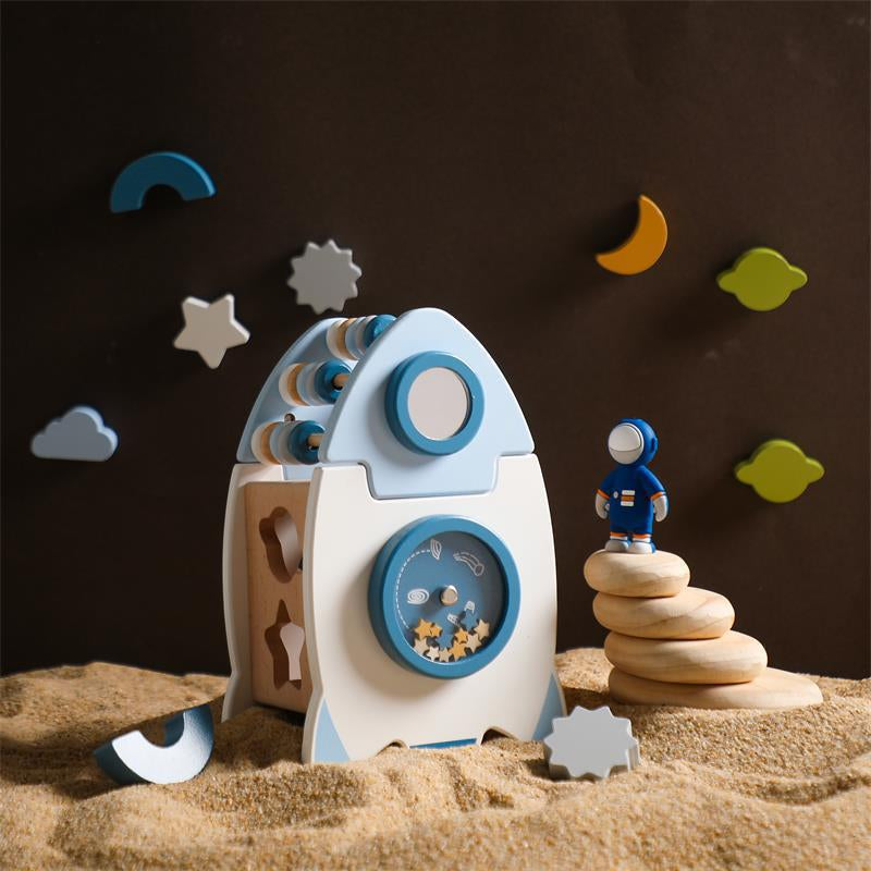 Wooden Rocket Busy Box Montessori learning toy full view