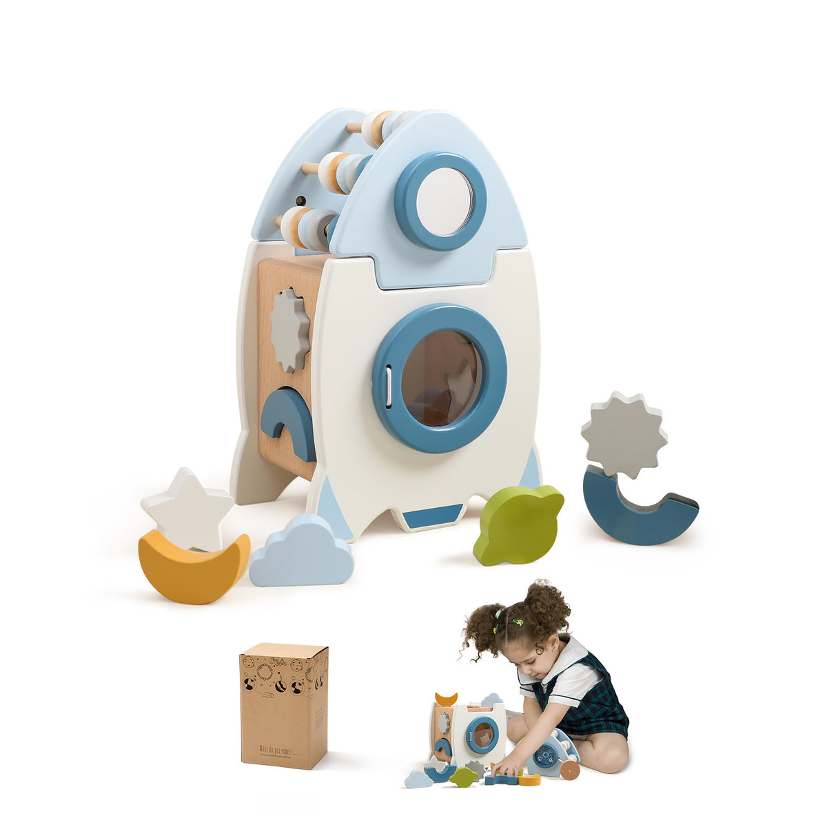 Child playing with Wooden Rocket Busy Box Montessori learning toy