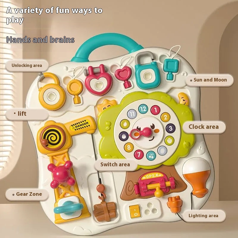 Close-up of Montessori Busy Board puzzle pieces
