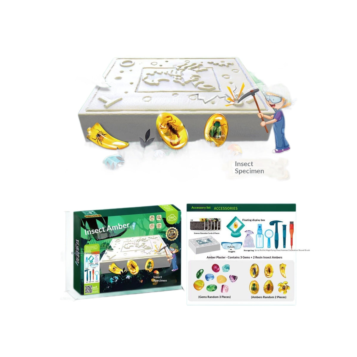 Insect Amber Dig Kit box and accessories list showing gems, ambers, tools and display box