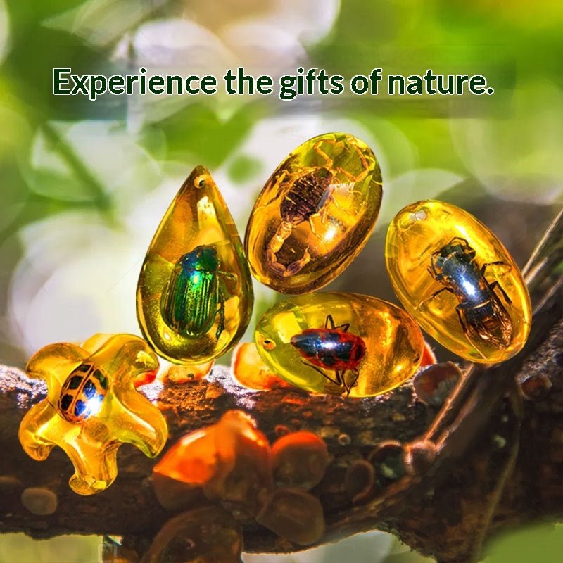 Close-up of 5 colorful insect amber resin specimens on a tree branch