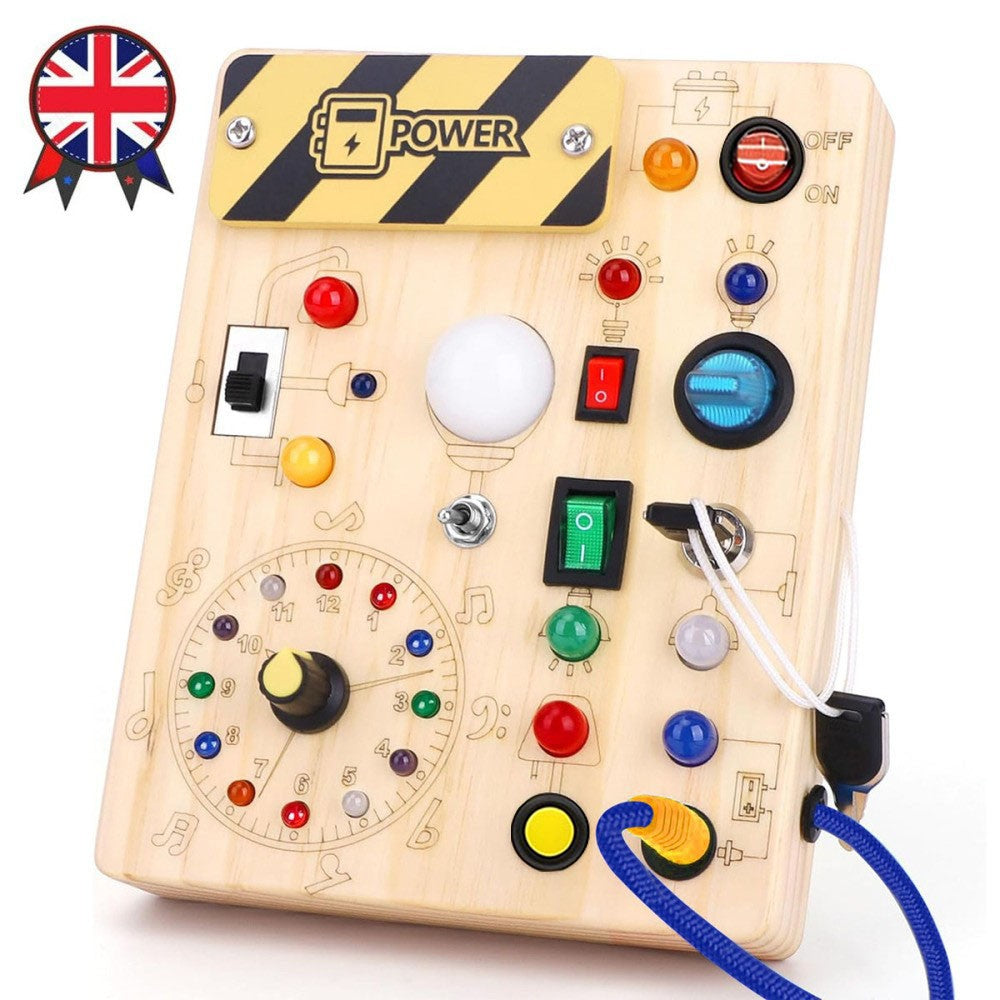 Montessori Wooden LED Busy Board compact travel toy for toddlers ages 1+
