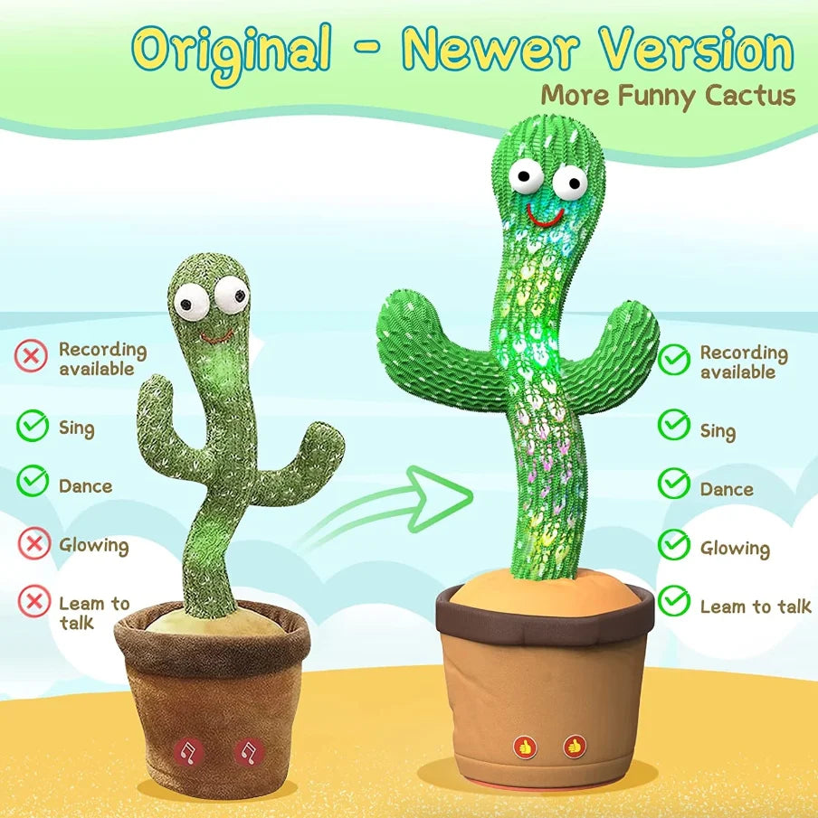 Comparison of original versus newer dancing cactus toy showing upgraded features including recording glowing and learn to talk