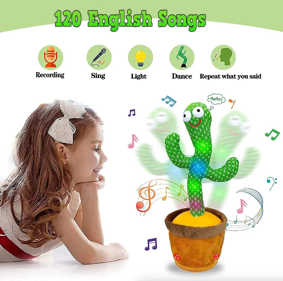 Girl watching dancing cactus plush toy wiggle and glow with music notes showing 120 English songs recording singing and dancing features
