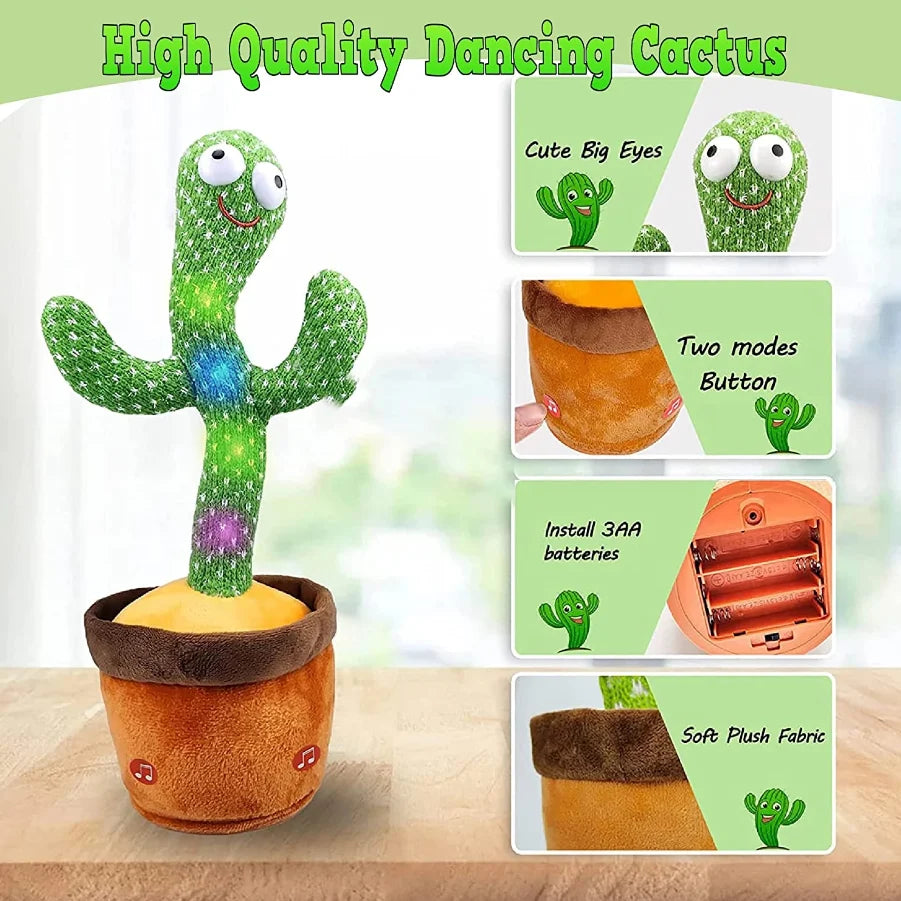 Dancing cactus plush toy with LED lights showing cute big eyes two-mode button battery compartment and soft plush fabric details