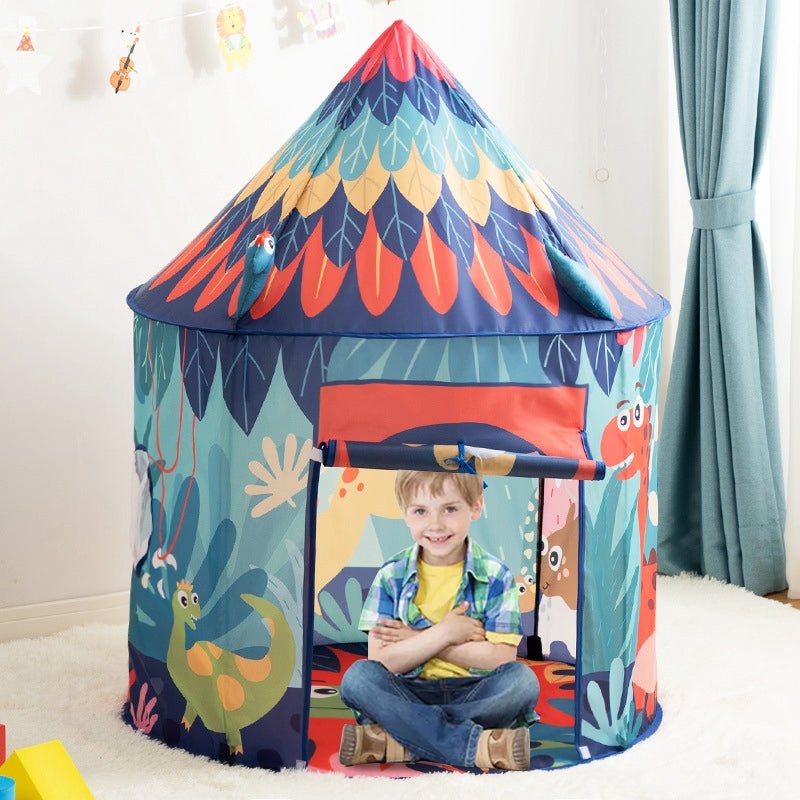 Young boy sitting inside open dinosaur play tent in bedroom showing full size and colorful exterior