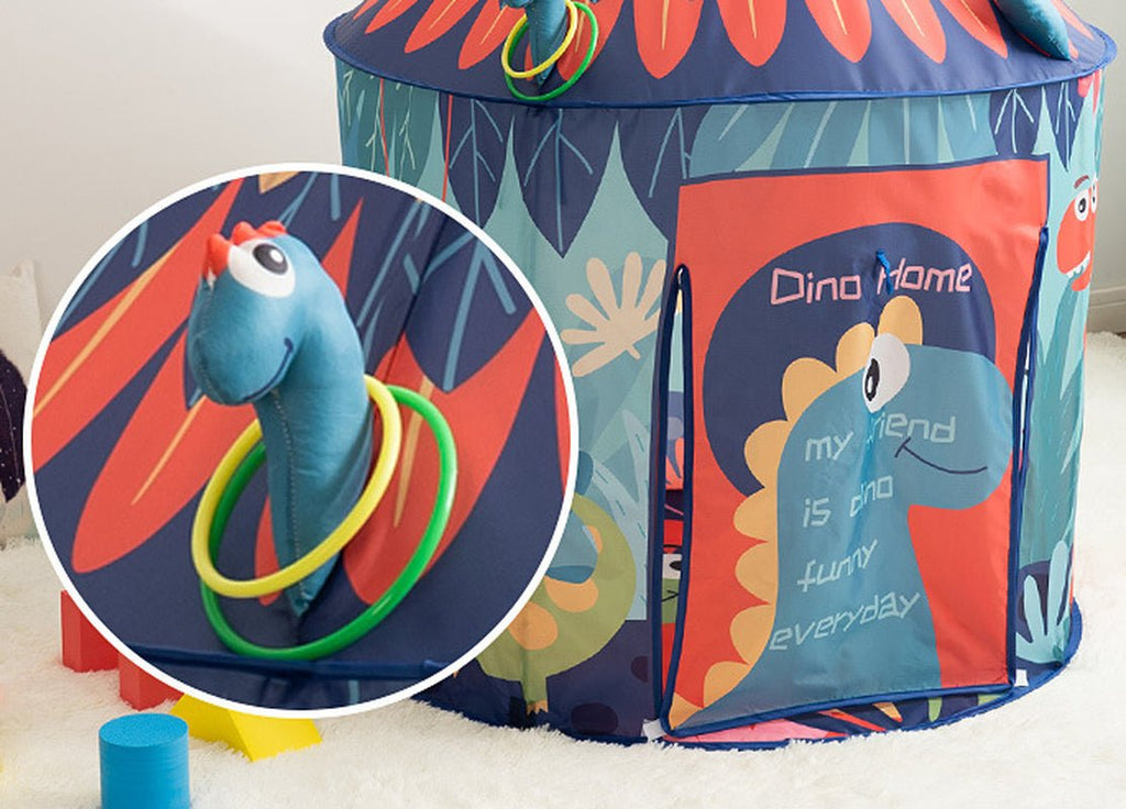 Dinosaur play tent with ring toss neck topper on peak and Dino Home door panel detail callout