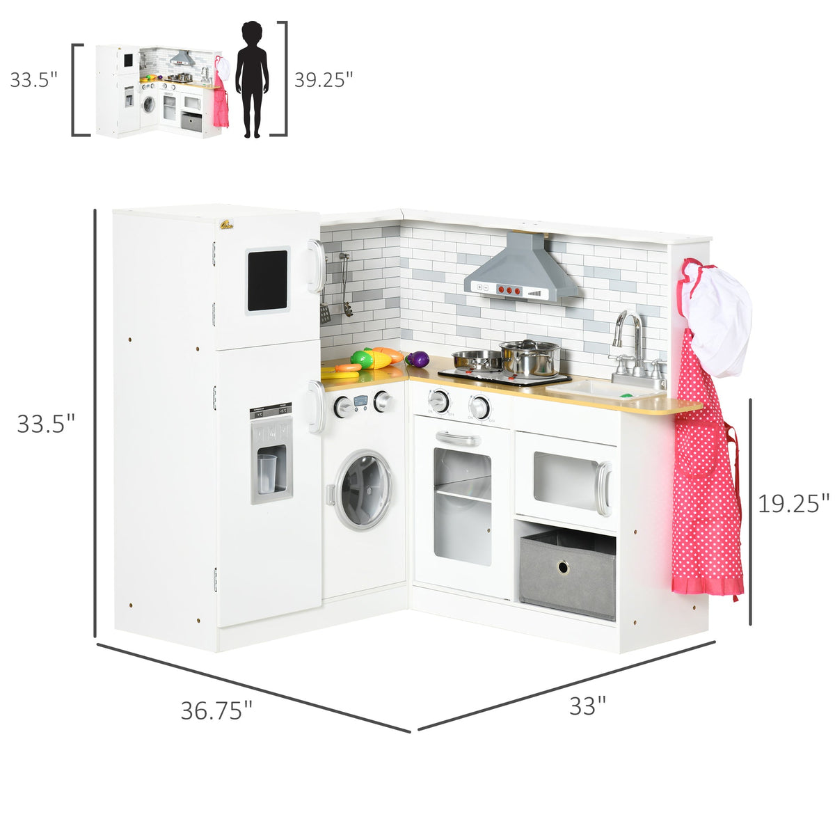 Qaba corner play kitchen dimensions diagram showing 33 by 36.75 by 33.5 inch size