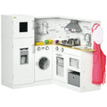 White Qaba corner play kitchen set with fridge, washing machine, stovetop, sink and food toys