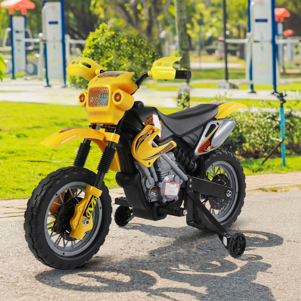 Yellow kids electric motorcycle ride-on toy with training wheels