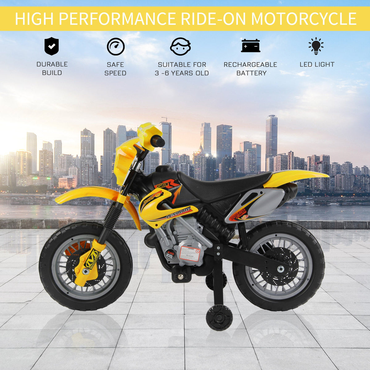 Yellow kids electric motorcycle ride-on toy with training wheels