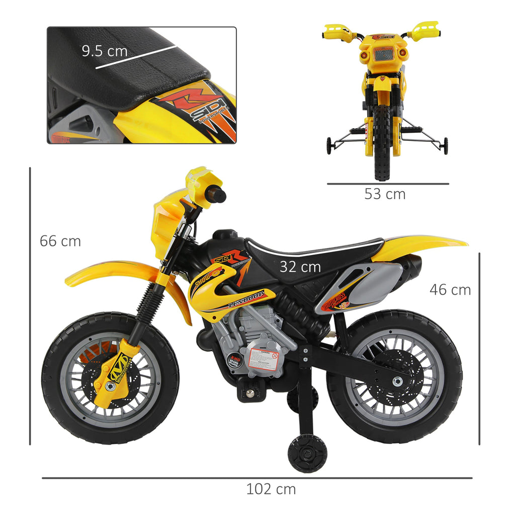 Yellow kids electric motorcycle ride-on toy with training wheels