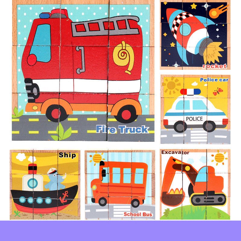 Six-face wooden cube puzzle showing fire truck, rocket, police car, ship, school bus and excavator patterns