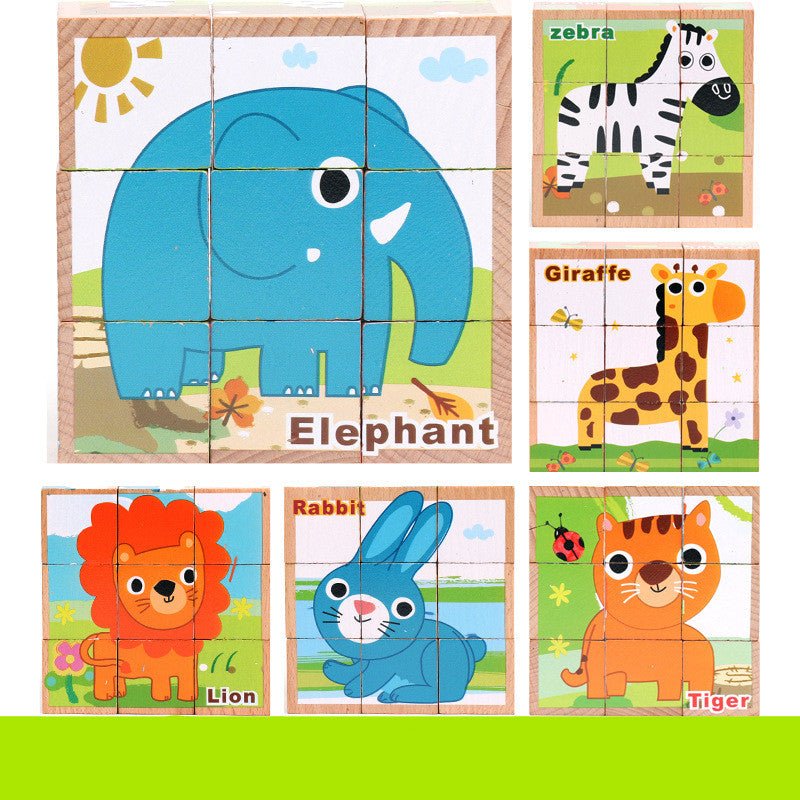 Six-face wooden cube puzzle showing elephant, zebra, giraffe, lion, rabbit and tiger safari patterns