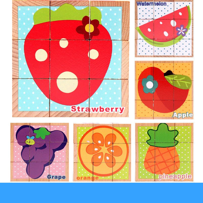 Six-face wooden cube puzzle showing strawberry, watermelon, apple, grape, orange and pineapple fruit patterns