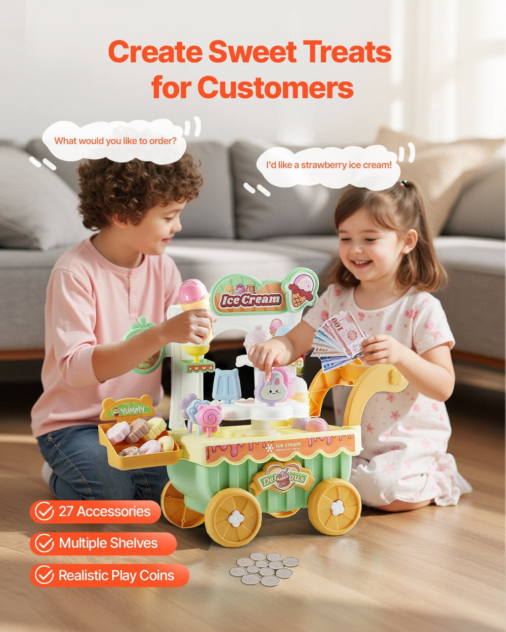 27-piece ice cream accessories including popsicles donuts and play money