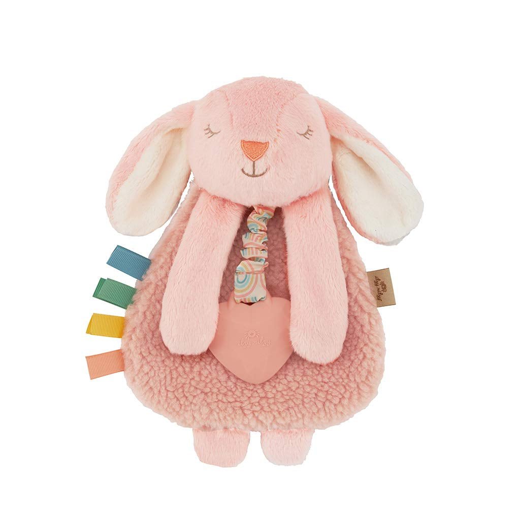 Soft bunny lovey plush toy with silicone teether for babies