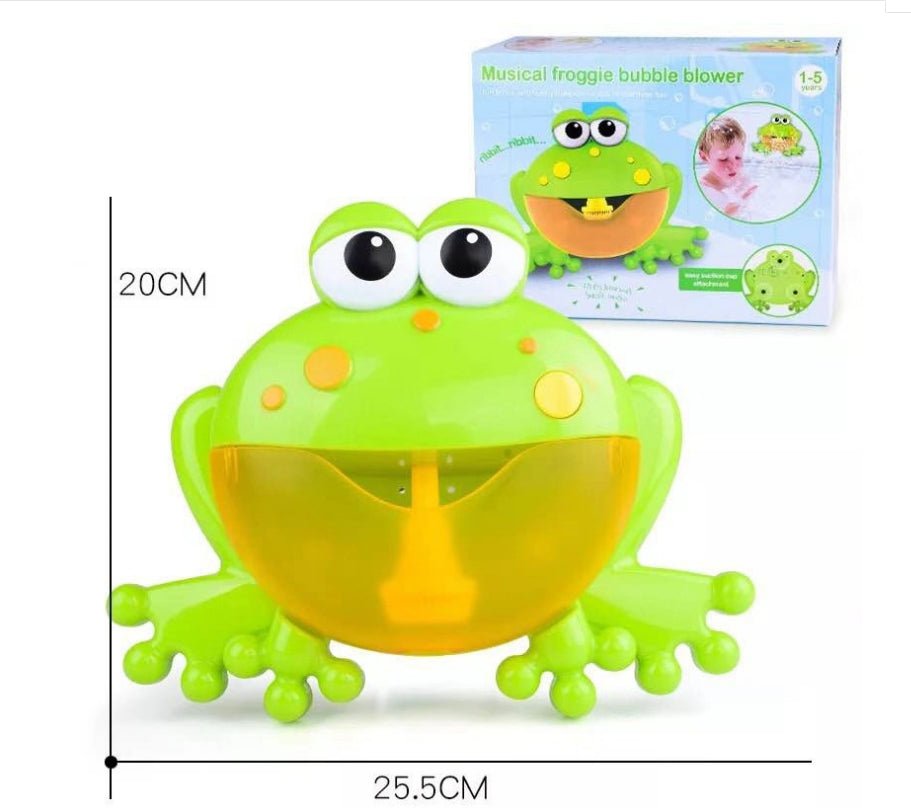 Green frog automatic bubble bath toy with retail box showing 25.5x20cm size for ages 1 to 5