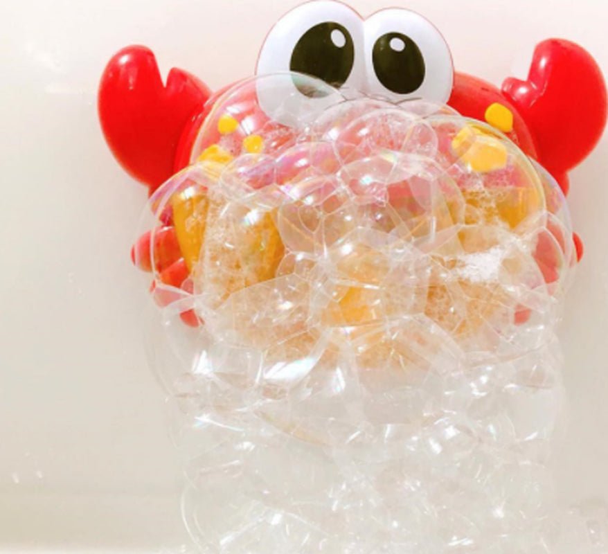 Red crab automatic bubble bath toy blowing large mass of bubbles in bathtub