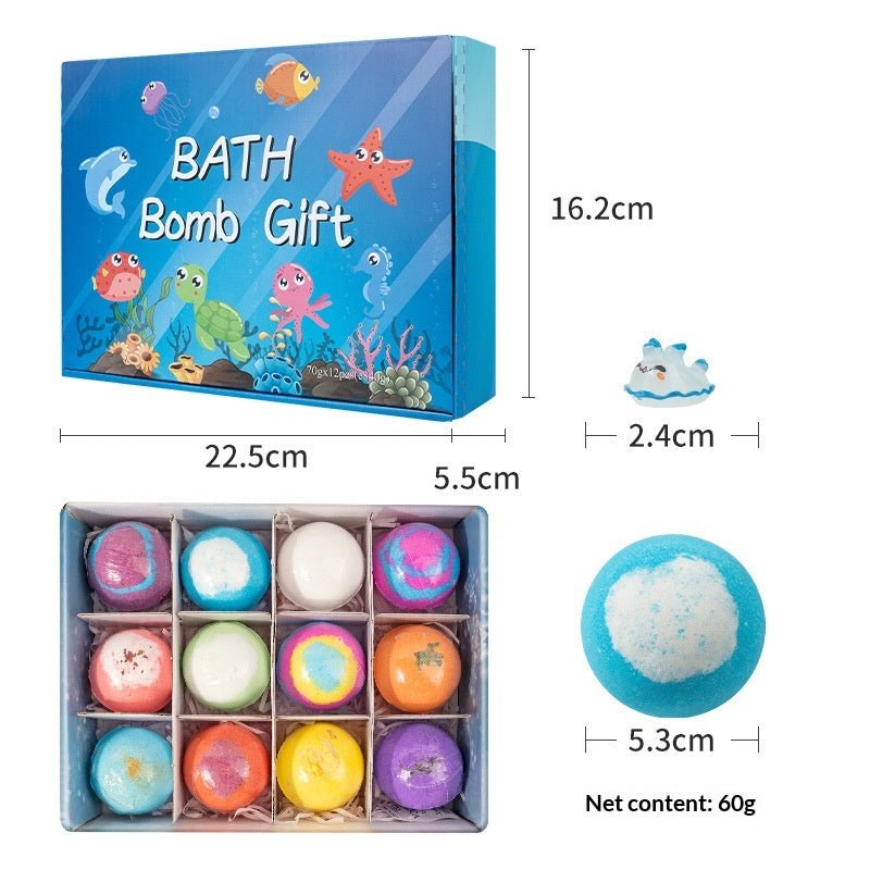 Kids bath bomb gift box with dimensions 22.5x16.2x5.5cm showing 12 colorful bath bombs and 60g size with hidden sea animal toy